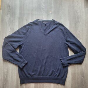 Lands End Mens L 100% Supima Cotton Navy Blue V-Neck Sweater